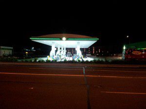 Distant view of LED illuminated Petrol Station